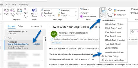 Assign and view retention policies on email messages.